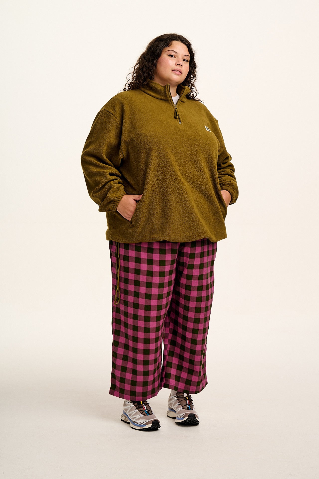 Chuck - Wide Leg Cotton Trousers in Pink and Green Checkerboard