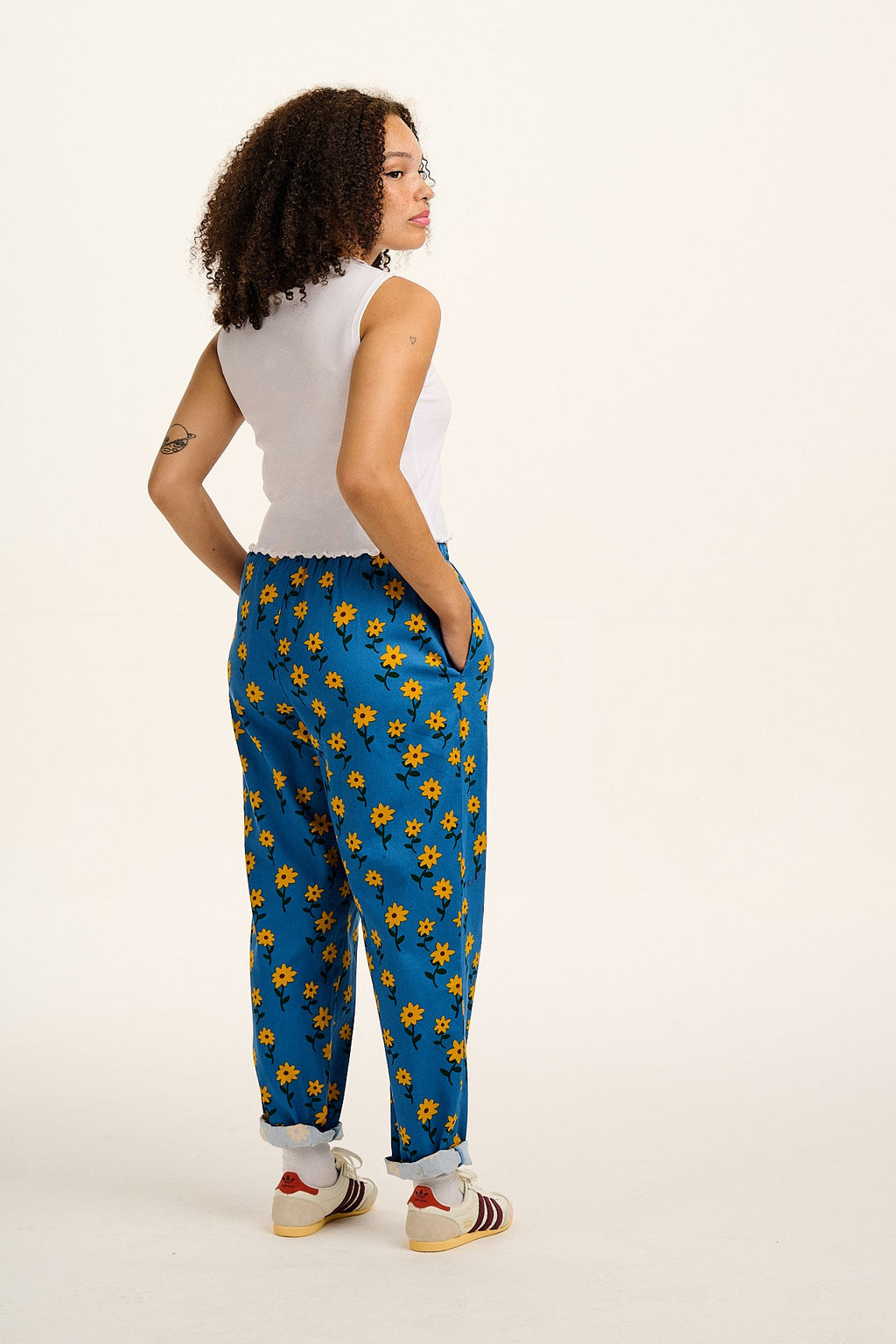 Alexa - Cotton Trousers in Blue Sunflowers Print