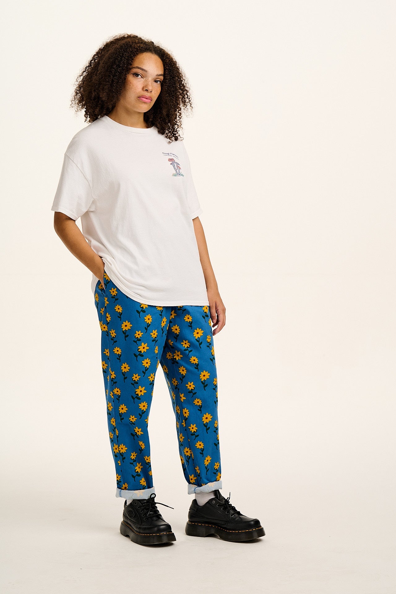 Alexa - Cotton Trousers in Blue Sunflowers Print
